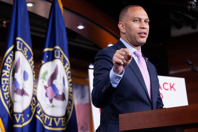 House Minority Leader Hakeem Jeffries, Democrat from New York, speaks during his weekly press conference on Capitol Hill in Washington, DC, July 17, 2025.