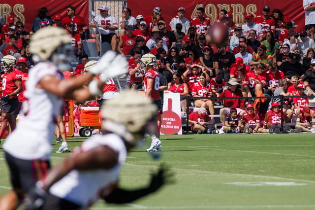 San Francisco 49ers fans watch a training camp practice at the practice facility at Levi’s Stadium in Santa Clara, Calif., on Friday, July 26, 2024. (Dai Sugano/Bay Area News Group)