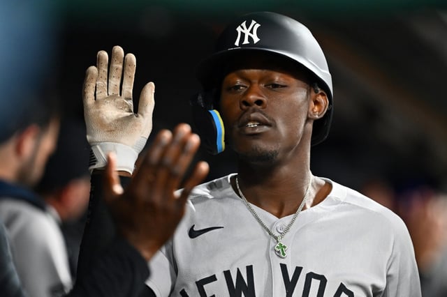 CLEVELAND, OHIO - APRIL 21: Jazz Chisholm Jr. #13 of the New York Yankees celebrates his two-run home run in the eighth inning against the Cleveland Guardians at Progressive Field on April 21, 2025 in Cleveland, Ohio. (Photo by Jason Miller/Getty Images)