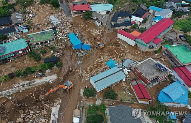 A village, devastated by a landslide caused by heavy rains, in the southern county of Sancheong is seen on July 20, 2025. (Yonhap)