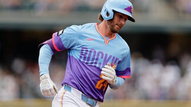Jul 18, 2025; Denver, Colorado, USA; Colorado Rockies third baseman Ryan McMahon (24) rounds the bases on a two run home run in the first inning against the Minnesota Twins at Coors Field. Mandatory Credit: Isaiah J. Downing-Imagn Images
