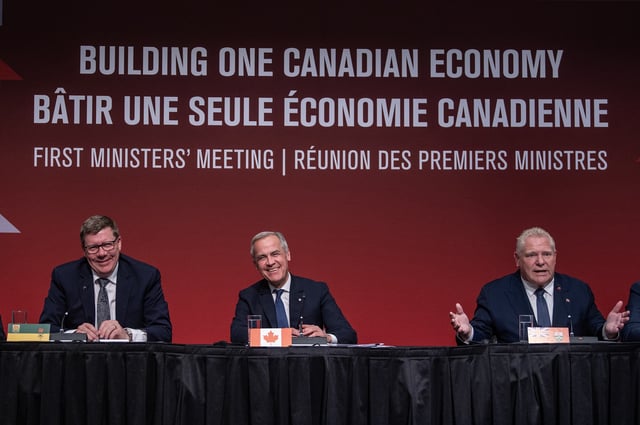 Premier of Saskatchewan Scott Moe, left too right, Prime Minister Mark Carney, Premier Dough Ford speak to media  following the First Minister’s Meeting in Saskatoon, Sask., Monday, June 2, 2025. THE CANADIAN PRESS/Liam Richards