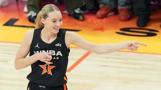 Dallas Wings' Paige Bueckers reacts after a basket during the WNBA All-Star Game at Gainbridge Fieldhouse in Indianapolis.