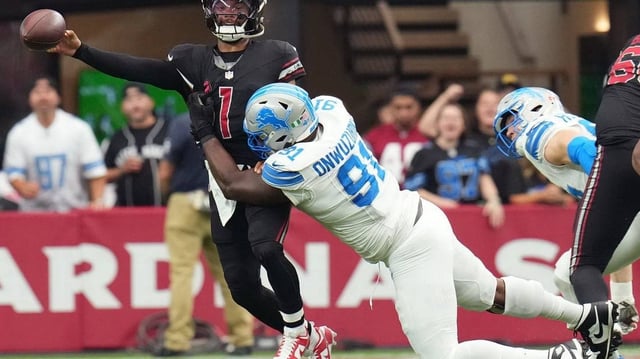 Syndication: Arizona Republic. Arizona Cardinals quarterback Kyler Murray (1) releases the ball as he is dragged down by Detroit Lions defensive lineman Levi Onwuzurike (91) at State Farm Stadium in Glendale on Sept. 22, 2024.