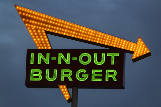 The In-N-Out Burger logo is displayed outside of one of their restaurants on March 14, 2025 in Las Vegas, Nevada.