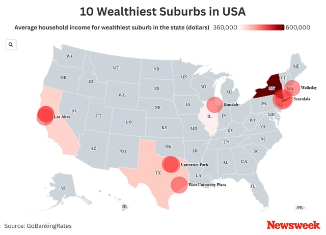 Newsweek map showing the 10 wealthiest suburbs in the USA.