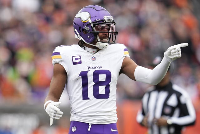 Justin Jefferson #18 of the Minnesota Vikings gestures in the second half of the game against the Cincinnati Bengals at Paycor Stadium on December 16, 2023 in Cincinnati, Ohio.