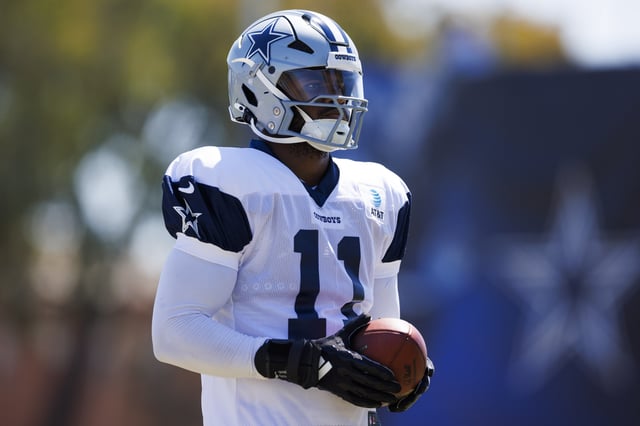Micah Parsons #11 of the Dallas Cowboys during a joint practice against the Dallas Cowboys at River Ridge Playing Fields on August 14, 2024 in Oxnard, California.