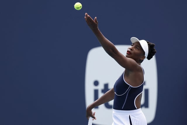 Mar 19, 2024; Miami Gardens, FL, USA; Venus Williams (USA) serves against Diana Shnaider (not pictured) on day two of the Miami Open at Hard Rock Stadium. Mandatory Credit: Geoff Burke-USA TODAY Sports/File Photo