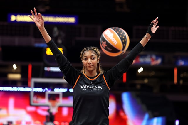 Angel Reese #5 of the Chicago Sky reacts during the 2025 AT&amp;T WNBA All-Star practice sessions at Gainbridge Fieldhouse on July 18, 2025 in Indianapolis, Indiana.