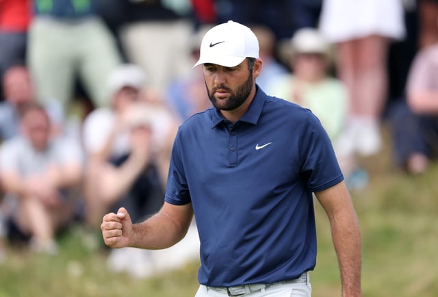 Scottie Scheffler of the United States celebrates on the seventh green during day four of The 153rd Open Championship at Royal Portrush Golf Club on July 20, 2025 in Portrush, Northern Ireland.