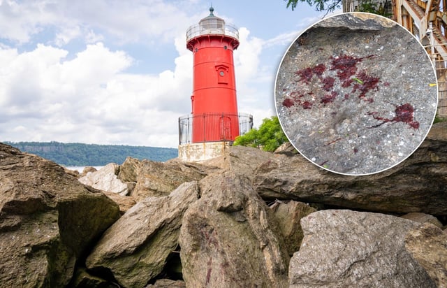 Blood is seen on the rocks near the Little Red Lighthouse after an off-duty Customs and Border Patrol Officer was shot in the face by a gunman in Fort Washington Park in Manhattan on Saturday July 19, 2025. 2351. Photos taken on Sunday July 20, 2025. (Theodore Parisienne / New York Daily News)