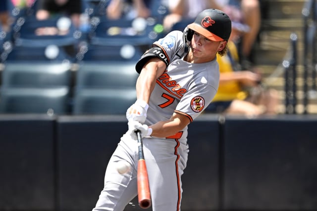 Baltimore Orioles&#39; Jackson Holliday hits a solo home run during the first inning of a baseball game against the Tampa Bay Rays, Sunday, July 20, 2025, in Tampa, Fla. (AP Photo/Phelan M. Ebenhack)