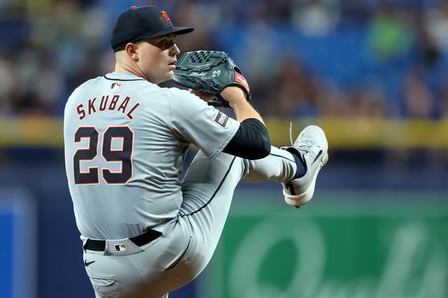 Tarik Skubal #29 of the Detroit Tigers throws against the Tampa Bay Rays during the third inning of a baseball game at Tropicana Field on April 22, 2024 in St. Petersburg, Florida.