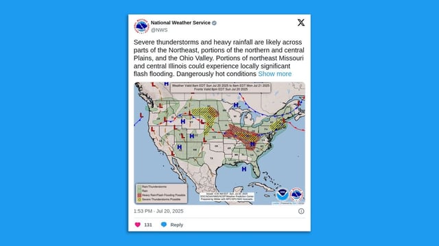 In addition to the flooding threats in the eastern U.S. and Midwest, the National Weather Service warns the Central Plains, Lower and Middle Mississippi Valley, and Southeastern U.S. can expect "dangerously hot conditions." Screenshot: NWS/X