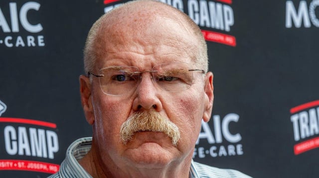 Kansas City Chiefs head coach Andy Reid answers questions from the media during a press conference before the start of Chiefs training camp on Sunday, July 20, 2025, in St. Joseph.