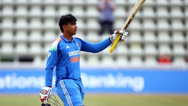 India's Vaibhav Suryavanshi celebrates after completing his century