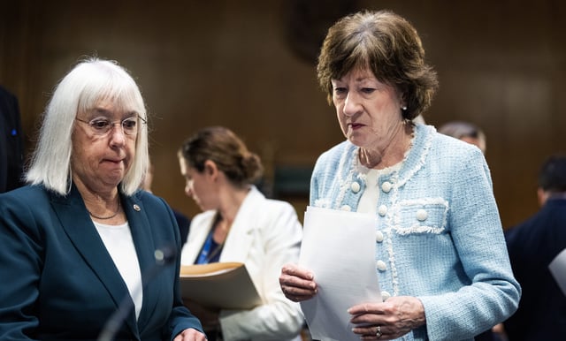UNITED STATES – JULY 10: Chair Susan Collins, R-Maine, right, and Vice Chair Patty Murray, D-Wash., prepare for the Senate Appropriations Committee markup of the “Commerce, Justice, Science, and Related Agencies Appropriations Act, 2026,” and other bills in Dirksen building on Thursday, July 10, 2025. (Tom Williams/CQ-Roll Call, Inc via Getty Images)