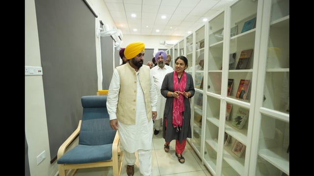 Punjab chief minister Bhagwant Singh Mann dedicated a newly constructed library to residents of Dhuri in Sangrur on Sunday. (HT photo)