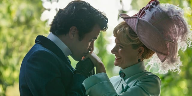 Harry Richardson kissing Louisa Jacobson's hand in The Gilded Age Season 3