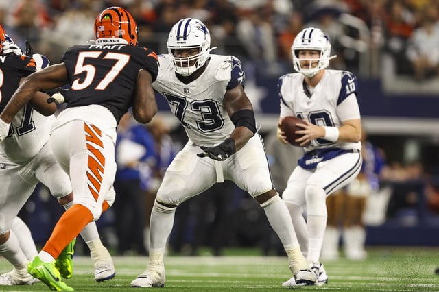 Tyler Smith #73 of the Dallas Cowboys drops back to block during an NFL football game against the Cincinnati Bengals at AT&amp;T Stadium on December 9, 2024 in Arlington, Texas.