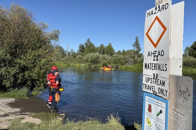 Search and rescue teams were combing the waters of the Deschutes River after a group went over a waterfall on Saturday. 