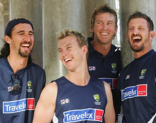 Michael Kasprowicz, right, with Jason Gillespie, Brett Lee and Glenn McGrath (Photo: Getty)