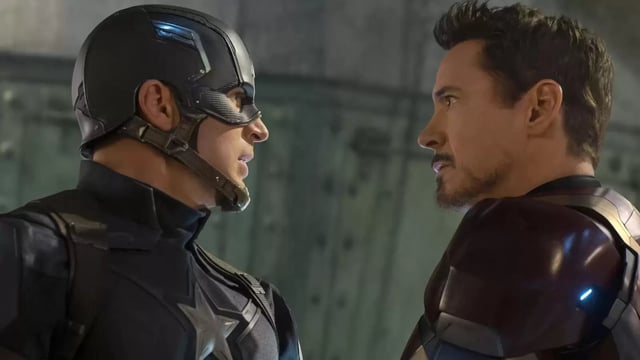 Chros Evans and Robert Downey Jr as Captain America and Iron Man in the MCU.