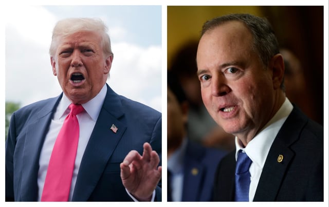 President Donald Trump departing the White House on July 15, 2025 in Washington, DC (L), Democratic Sen. Adam Schiff at the U.S. Capitol on December 10, 2024 in Washington, DC (R). The president has accused the senator of mortgage fraud.