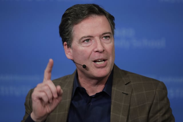 Former Director of the Federal Bureau of Investigation James Comey speaks at Harvard University&#39;s Institute of Politics&#39; JFK Jr. Forum in Cambridge, Mass., Feb. 24, 2020.