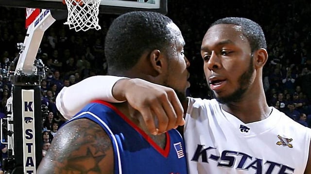 K-State was a formidable foe for the Jayhawks in 2010 when the Wildcats spent much of the season nationally ranked. KU’s Sherron Collins. left, got a congratulatory hug from K-State’s Jacob Pullen after the Jayhawks pulled off an 81-79 overtime win on January 30, 2010.