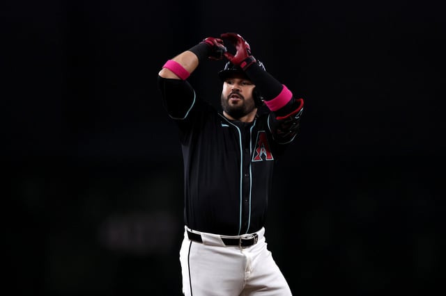 PHOENIX, ARIZONA - JULY 19: Eugenio Suárez #28 of the Arizona Diamondbacks celebrates after hitting a solo home run during the third inning against the St. Louis Cardinals at Chase Field on July 19, 2025 in Phoenix, Arizona.