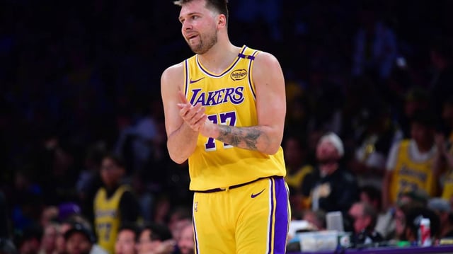 Apr 30, 2025; Los Angeles, California, USA; Los Angeles Lakers guard Luka Doncic (77) reacts during the second half in game five of first round for the 2025 NBA Playoffs at Crypto.com Arena.