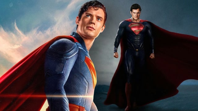 David Corenswet as Superman and Henry Cavill as Superman