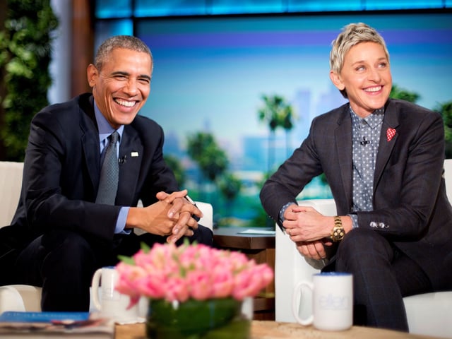 FILE - President Barack Obama talks with Ellen DeGeneres during a commercial break while taping a show segment of the Ellen DeGeneres Show in Burbank, Calif., on Feb. 11, 2016. DeGeneres is taking her final bow on her syndicated daytime talk show on Thursday, May 26, after almost two decades. (AP Photo/Pablo Martinez Monsivais, File)