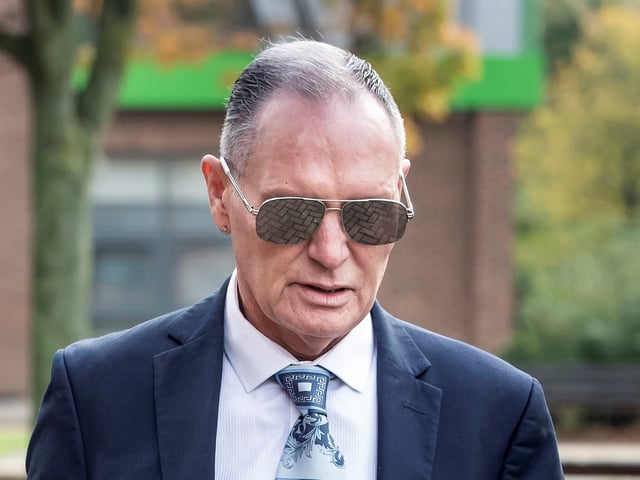 Former England soccer player Paul Gascoigne arrives at Teesside Crown Court in Middlesbrough, England where he is appearing on charges of sexually assaulting a woman on a train, Monday Oct. 14, 2019. (Danny Lawson/PA via AP)