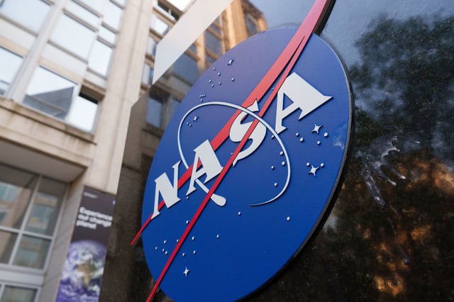 WASHINGTON, DC - JUNE 2: A NASA logo is displayed at the entrance to the Mary W. Jackson NASA Headquarters building on June 2, 2025 in Washington, DC. (Photo by Kevin Carter/Getty Images)