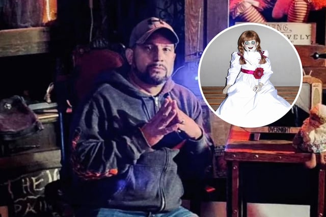 Dan Rivera is seen in an Instagram photo from 2023. In the inset image, a replica &#34;Annabelle&#34; doll is seen at The Hollywood Museum Celebrates &#34;The Silence of the Lambs&#34; 30th Anniversary at The Hollywood Museum on October 20, 2021 in Hollywood, California. (Photo by Rodin Eckenroth/Getty Images)
