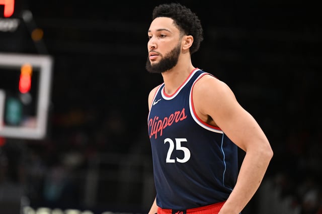 Ben Simmons #25 of the LA Clippers looks on against the Atlanta Hawks during the first quarter at State Farm Arena on March 14, 2025 in Atlanta, Georgia.