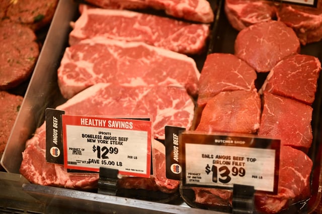 Packages of angus beef steaks and top sirloin fillets are displayed for sale in the meat area of a Sprouts Farmers Market grocery store in Redondo Beach, California on February 23, 2024.