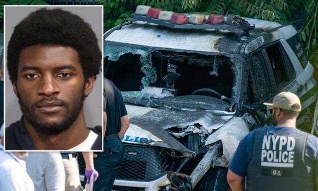 Jakhi Lodgson-McCray, 21 (inset), has surrendered to face charges he torched 11 parked NYPD vehicles last month. (Theodore Parisienne / New York Daily News; NYPD)