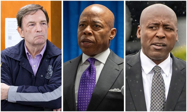 (From left) Former NYPD Commissioner Thomas Donlon, Mayor Eric Adams and former NYPD spokesman Tarik Sheppard. (Gardiner Anderson, Barry Williams, Theodore Parisienne / New York Daily News)