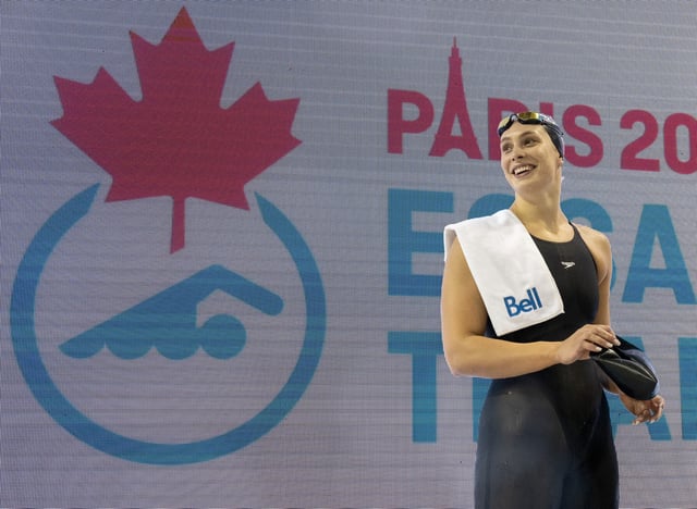Penny Oleksiak smiles after winning the women's 50m freestyle at the Canadian Olympic Swim Trials in Toronto on Sunday May 19, 2024. THE CANADIAN PRESS/Frank Gunn