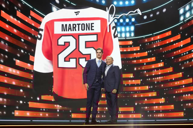 Jun 27, 2025; Los Angeles, California, USA; Porter Martone is selected as the sixth overall pick to the Philadelphia Flyers in the first round of the 2025 NHL Draft at Peacock Theater. Mandatory Credit: Kirby Lee-Imagn Images/File Photo