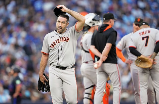 Justin Verlander of the San Francisco Giants reacts after being taken out of the game against the Toronto Blue Jays during the third inning in their MLB game at Rogers Centre on July 18, 2025, in Toronto.