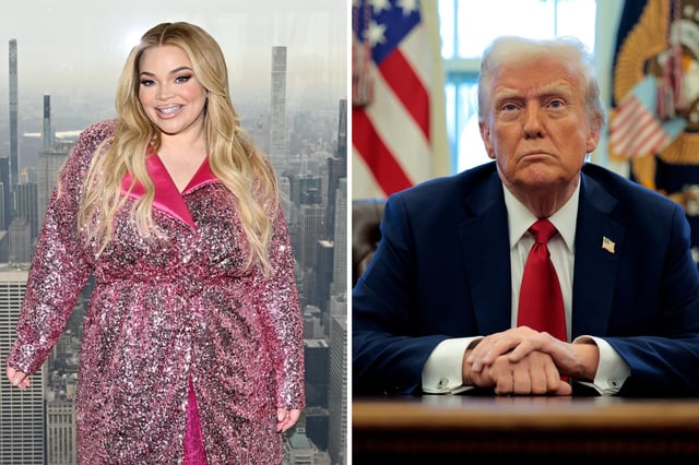 L: Trisha Paytas lights the Empire State Building in celebration of their Broadway debut at The Empire State Building on February 03, 2025 in New York City. R: U.S. President Donald Trump talks to reporters from the Resolute Desk in the Oval Office at the White House on January 30, 2025 in Washington, DC.