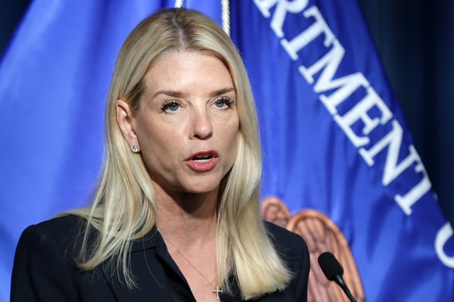U.S. Attorney General Pam Bondi speaks during a news conference at the DEA headquarters on July 15, 2025 in Arlington, Virginia.