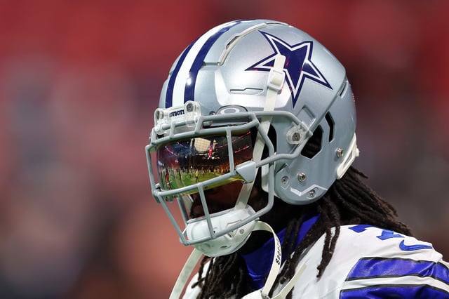 Trevon Diggs #7 of the Dallas Cowboys warms up prior to the game against the Atlanta Falcons at Mercedes-Benz Stadium on November 03, 2024 in Atlanta, Georgia.