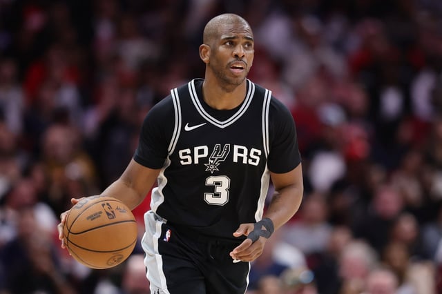 HOUSTON, TEXAS - FEBRUARY 26: Chris Paul #3 of the San Antonio Spurs handles the ball against the Houston Rockets during the second half at Toyota Center on February 26, 2025 in Houston, Texas. NOTE TO USER: User expressly acknowledges and agrees that, by downloading and or using this photograph, User is consenting to the terms and conditions of the Getty Images License Agreement. (Photo by Alex Slitz/Getty Images)