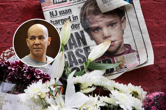 A newspaper with a photograph of Etan Patz is seen on May 28, 2012, at a makeshift memorial in the SoHo neighborhood of New York, where Patz lived before his disappearance on May 25, 1979. Inset: In this Nov. 15, 2012, file photo, Pedro Hernandez appears in Manhattan criminal court in New York.